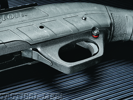 The safety of the 887 is similarly configured to that of the 870, with a crossbolt button with a red ring at the rear of the triggerguard. Differing from the 870 is the action release lever, which on the 887 is located on the forward face of the triggerguard.
