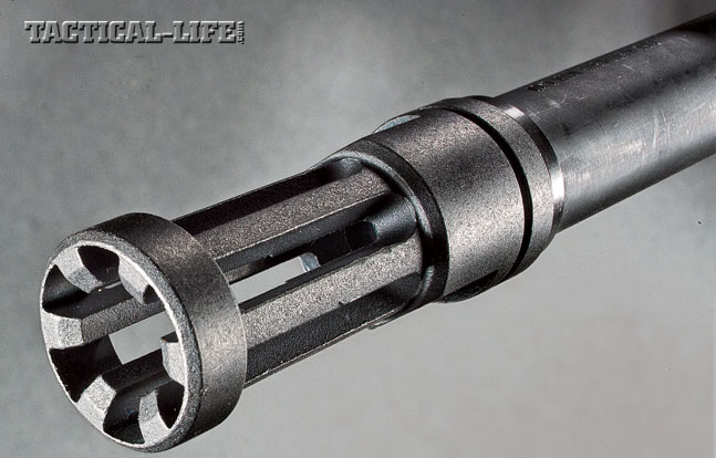 The 16.12-inch barrel comes equipped with a Mini-14-style flash suppressor and features 5/8-24 threading for installing a suppressor.