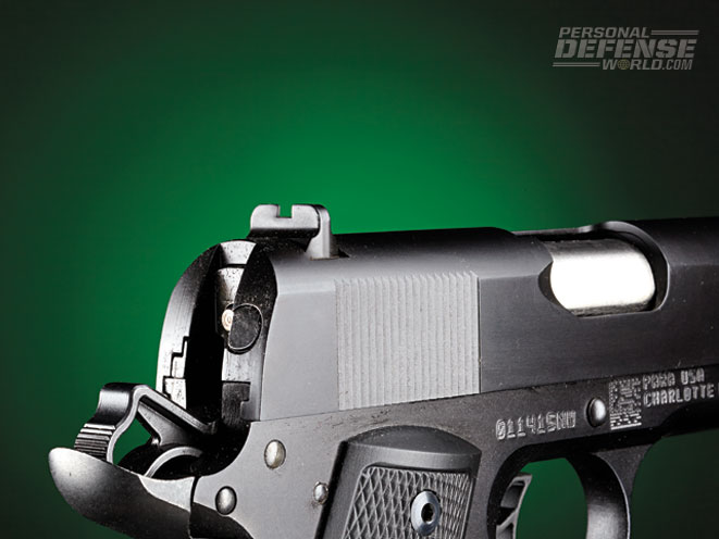The extended beavertail helps prevent slide “bite.” Also note the rear sight.