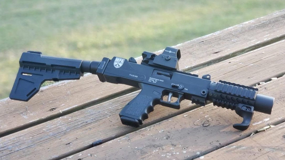 MasterPiece Arms 9mm AR Pistol, folding arm brace, table