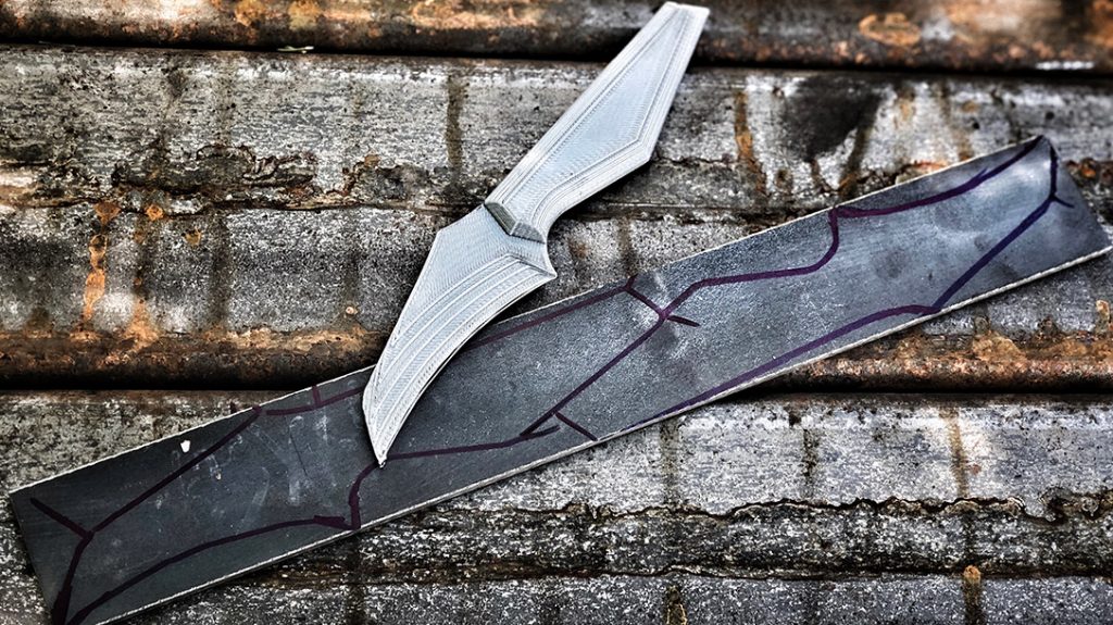 They first printed a 3d version of the knife, to ensure it would feel good and carry well. Then they drew two versions onto a billet of Nirto-V super stainless steel, which is great for self-defense EDC.