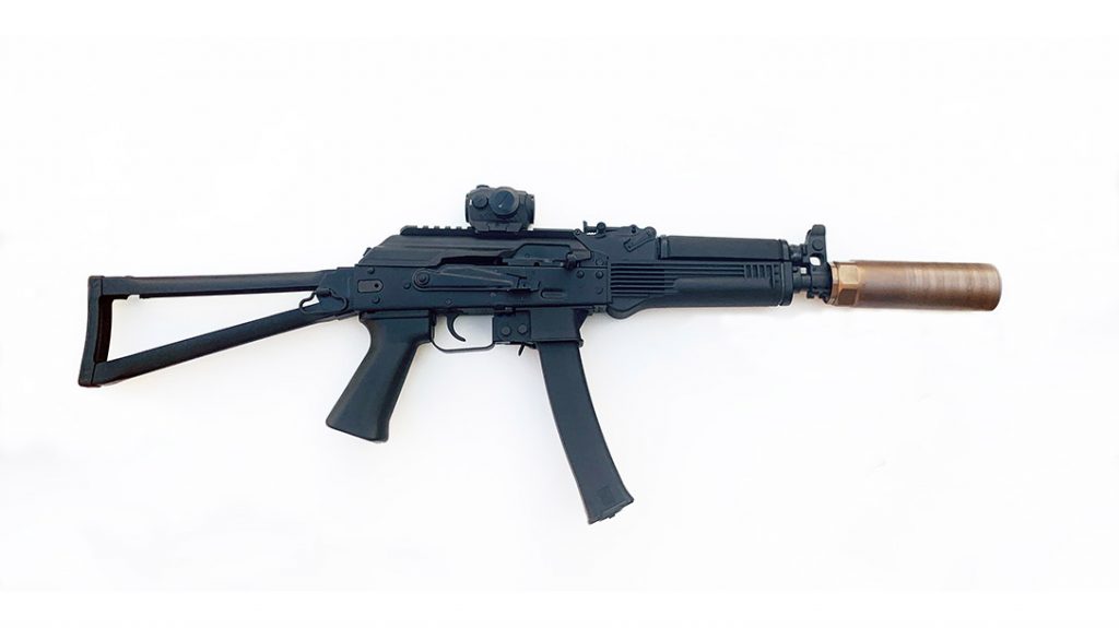 A select-fire VityazSN with custom Rex Silentium MGX in 9mm with beefy baffles for full-auto fire.