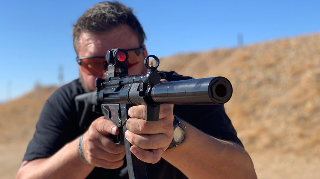 Rex Silentium suppressor on a rifle being shot.