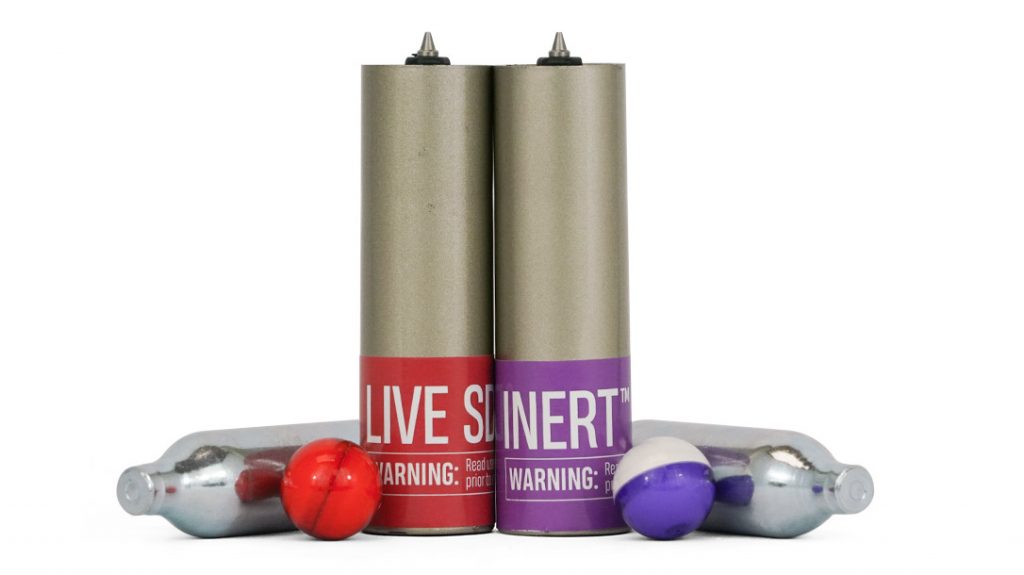 All PepperBall units are powered by compressed gas cartridges and fire both inert and live ammo.