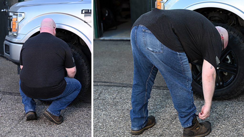 It is common-sense to remember to bend at the knees not at the waist when you carry concealed. No one wants to see that much of you anyway.