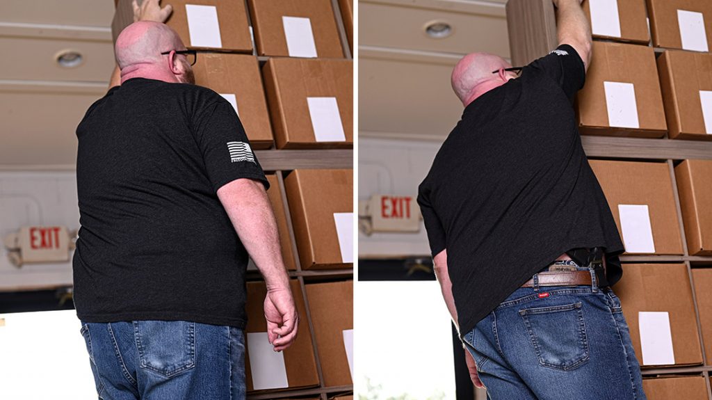 Using the arm opposite your carry side to reach something overhead keeps your firearm concealed when carrying on your hip.