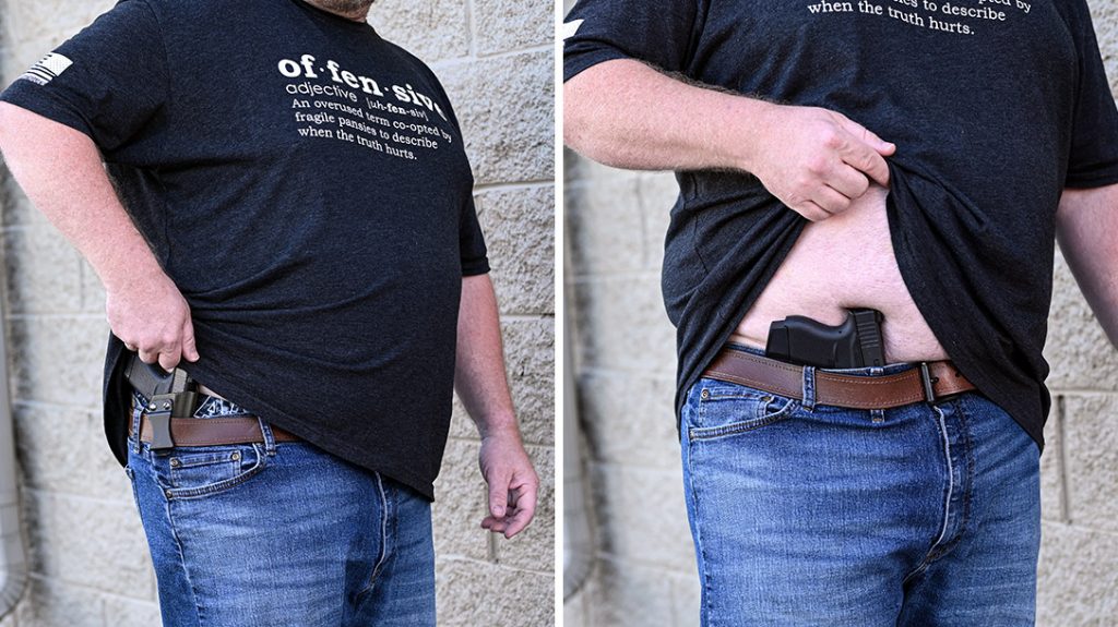 If you are carrying a concealed firearm, you should always keep it that way. There is no reason to tell the world you have it.