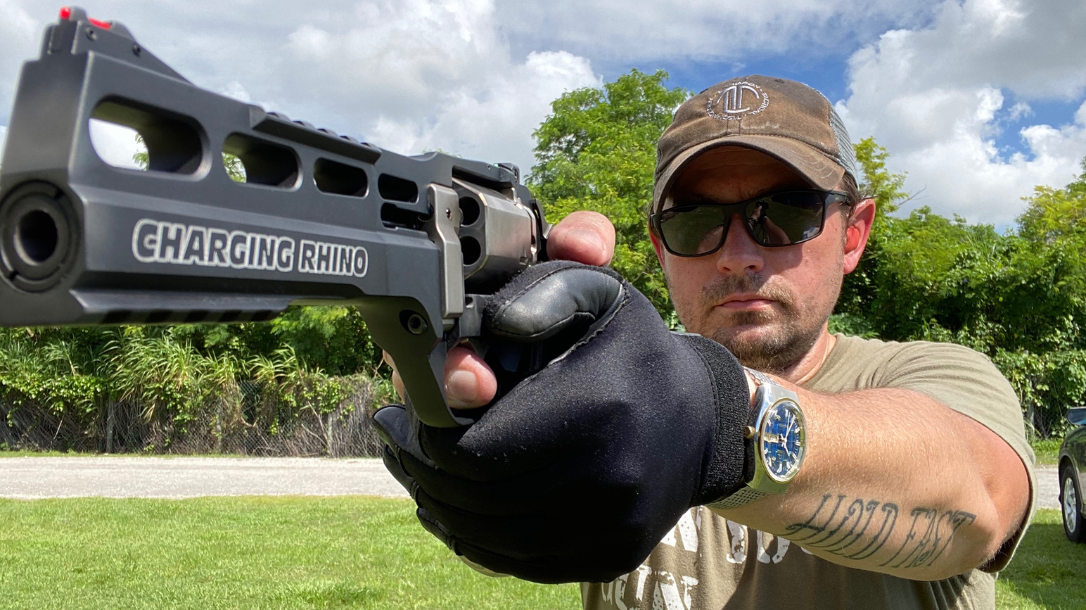 A thumbs-forward grip on the Rhino requires a glove