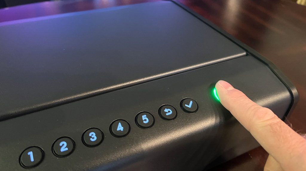 The biometric reader provides instant access to the Pineworld K5 gun safe.