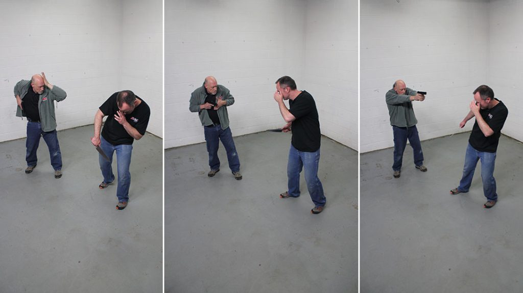 Having survived long enough to “earn his draw,” he then executes a guarded draw and—only when sure he can extend his arms safely—presses out to a conventional shooting position.