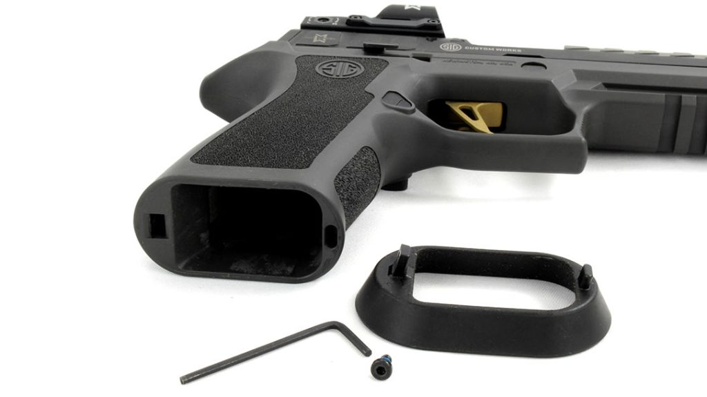 The magwell flair on the Sig Sauer P320MAX is removable, keeping you legal in the USPSA’s Carry Optics Division.