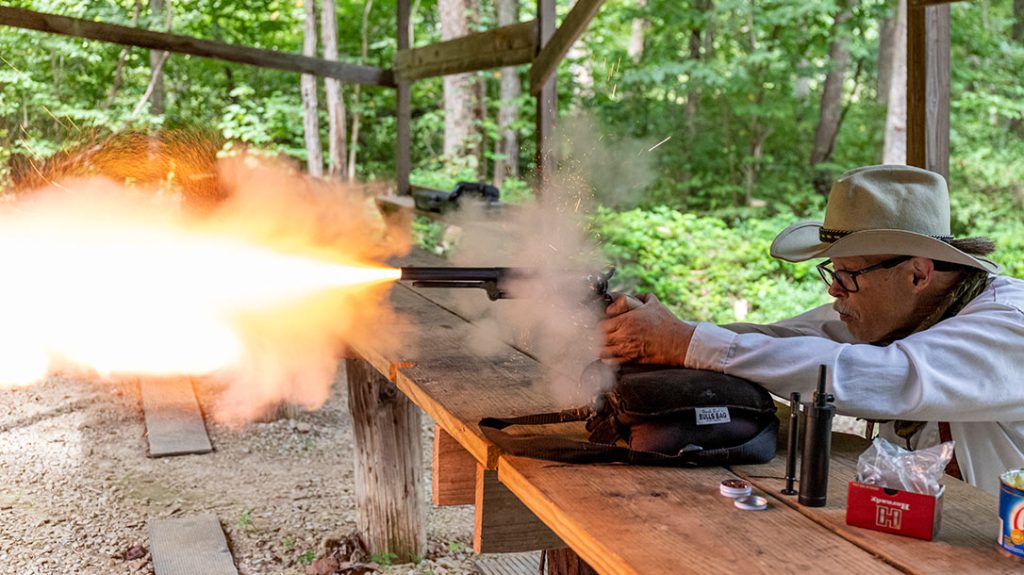 To evaluate accuracy potential, the “Gus” Walker revolver was shot from the bench at a target 15 yards downrange. Thirty grains of FFFg black powder propelled each 0.451-inch ball.