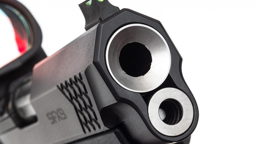 The SFX9’s cone barrel wears a reverse-cut, recessed crown for optimal accuracy.