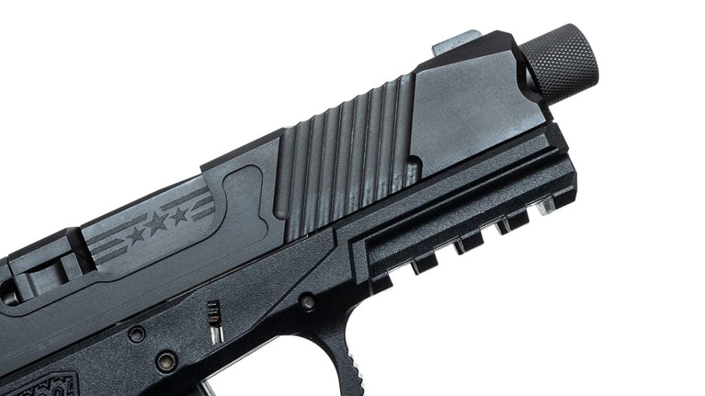 Front cocking serrations are offered in addition to a Picatinny rail and a threaded barrel for use with a suppressor.