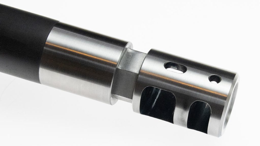 The muzzle brake on the Magnum Research Mountain Eagle is simple in design but massive in scale and effect.