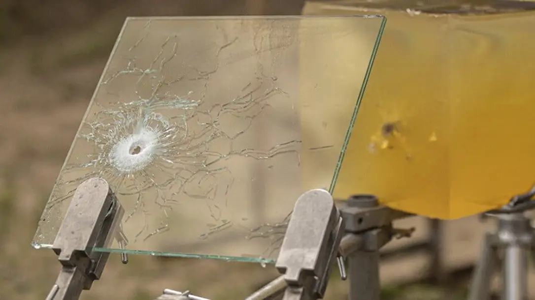 The hardest part of the FBI’s test protocol is getting a round to penetrate effectively after passing through 0.25-inch-thick laminated safety glass.