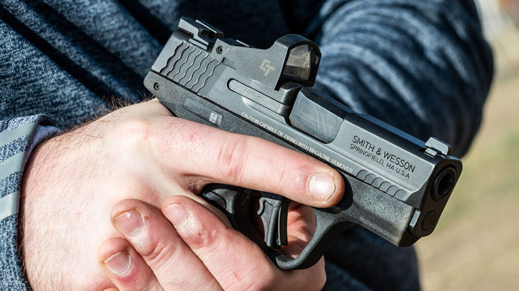 The extended magazine with the S&W M&P 9 Shield Plus fills the hand nicely.