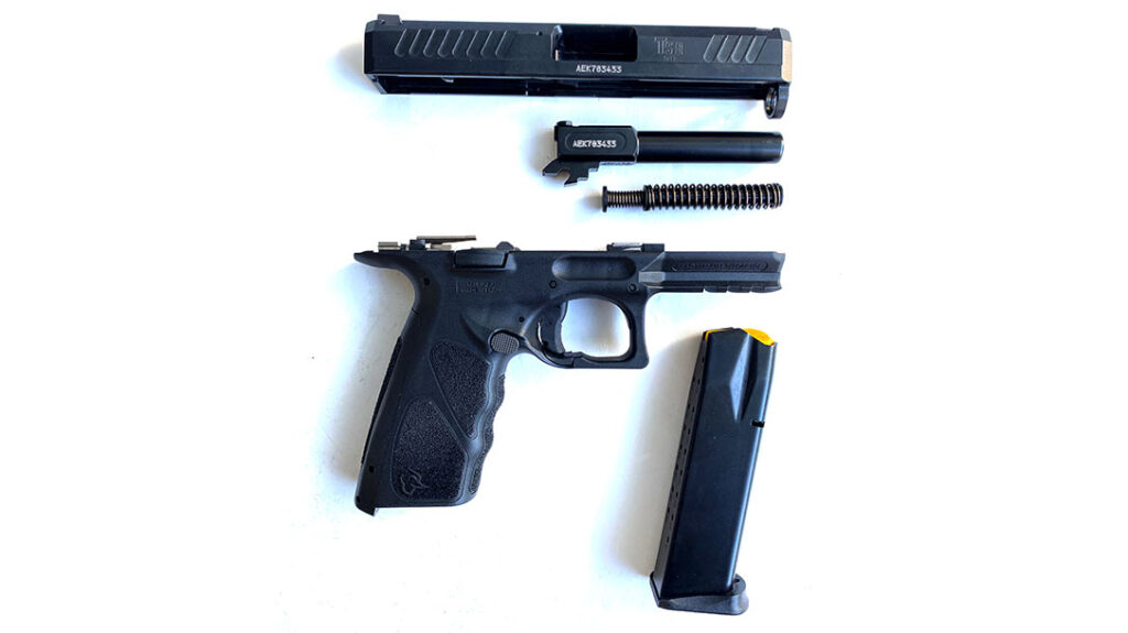 Field stripping the Taurus TS9 is extremely quick and simple and takes less than two seconds.