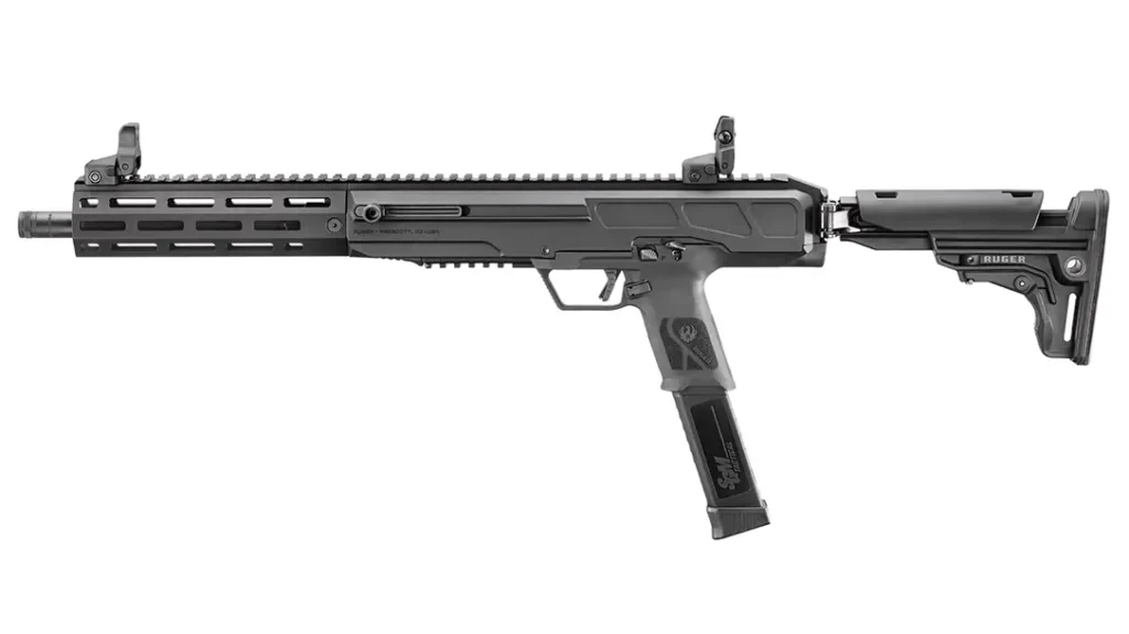 Folding sights and an adjustable, folding stock highlight the Ruger LC Carbine in 10mm Auto. 