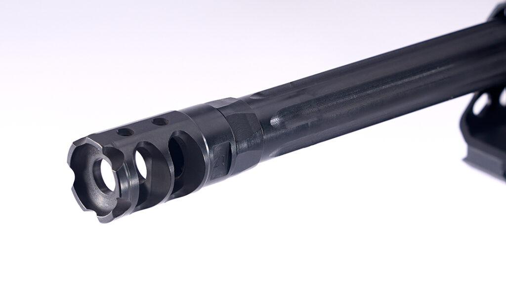 Dual-chamber muzzle brake on the Tombstone lever action.