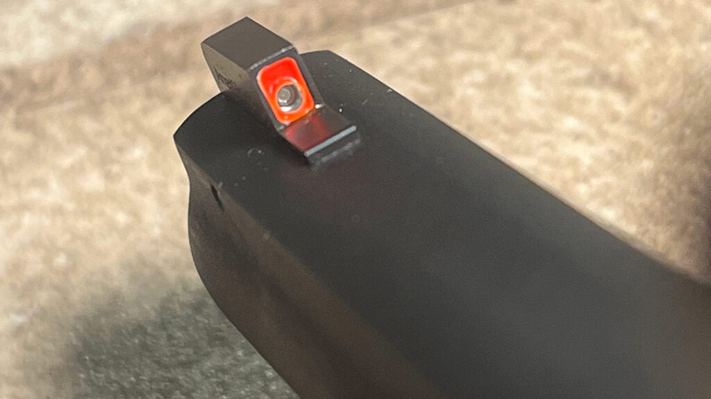 The front sight is easy to pick up, but you can see how low the tritium dot sits on the sight, making it difficult to see when aligned on target.