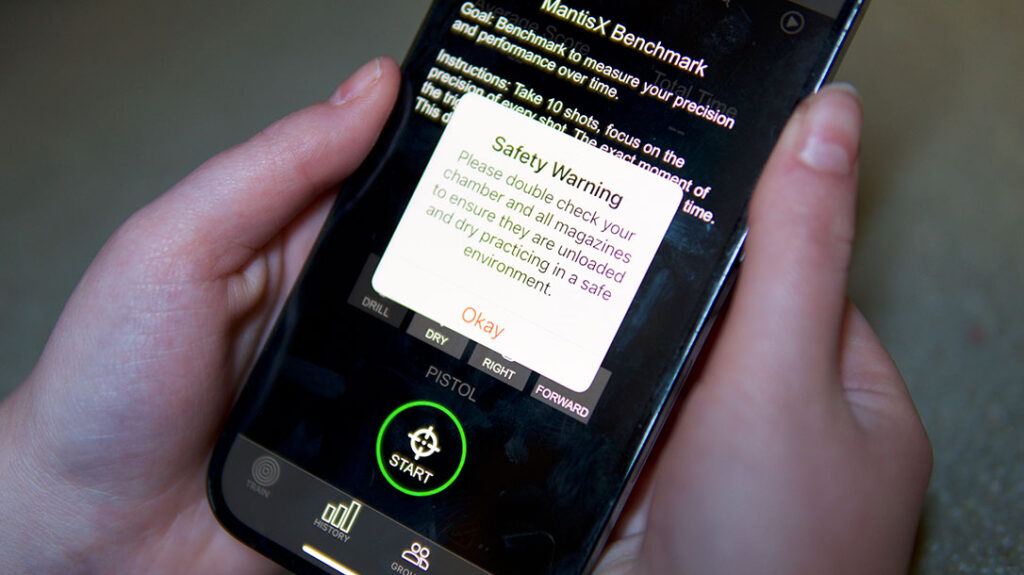 The Mantis X10 Elite app reminds shooters to practice safety before dry-fire training.