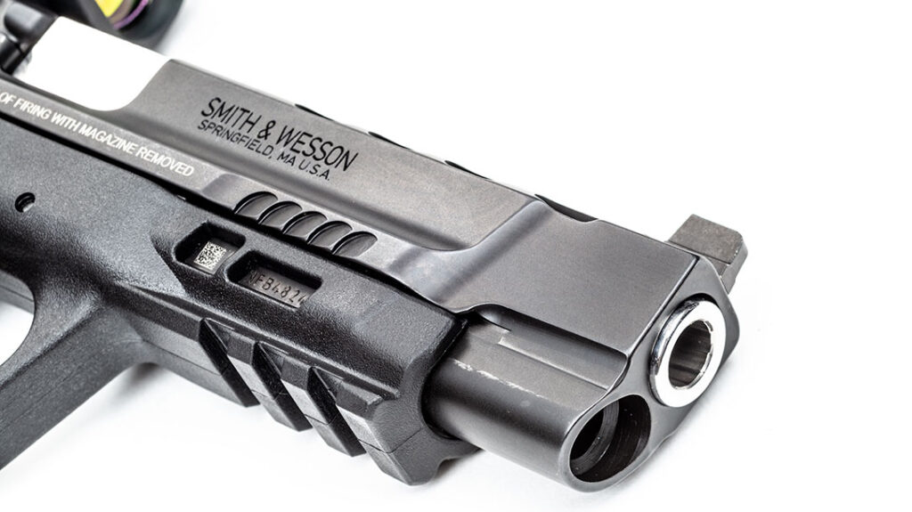 The dust cover on the Smith & Wesson Performance Center M&P9 M2.0 C.O.R.E. has a three-slot Picatinny rail for attaching a light or laser.