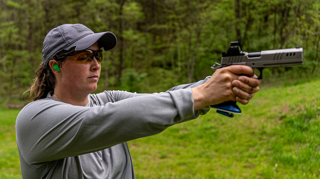 Starting with eyes closed is key in this drill for picking up pistol sights quickly. 