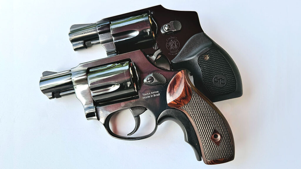 Similar in size to the S&W J-frame revolver in the rear, the Heritage Roscoe differs mainly in the shape of the cylinder release latch and front sight.
