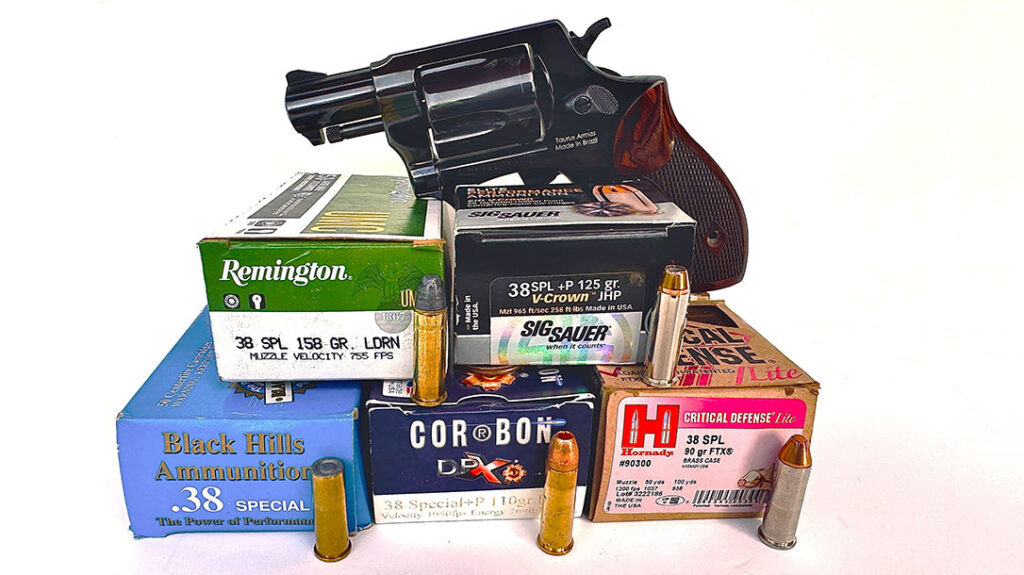 Five different .38 Special cartridges, with different bullet weights and configurations, were used to test and evaluate the Heritage Roscoe.
