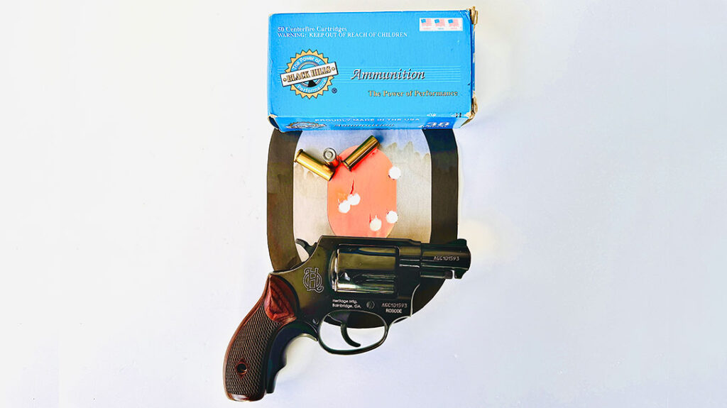 The smallest 5-shot group with the revolver measured 1.70” and was made using the Black Hills 148 gr. wadcutter load; note the grip adapter added to the gun.