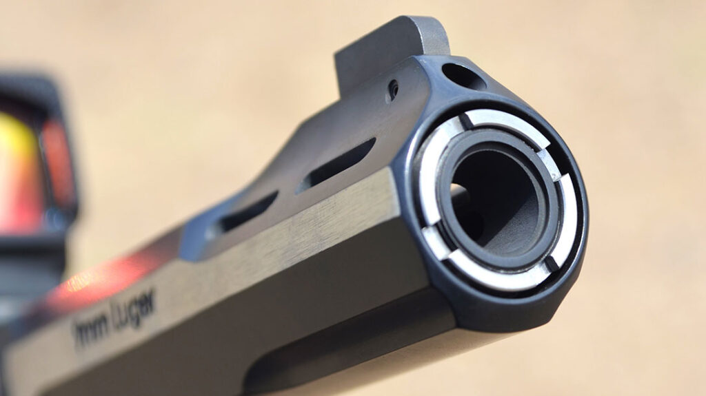S&W ports the barrel with two oblong ports on each side of the barrel shroud to help minimize muzzle rise.
