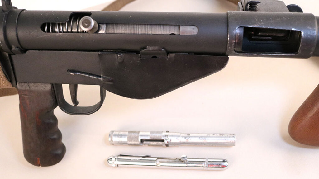 Much like a Sten submachine gun, most options include a safety notch that will hold the bolt to the rear.