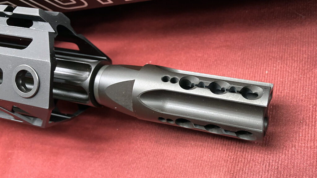 X2 VF18 muzzle device utilizes complex flow principles to achieve a true multi-functional design reducing recoil, efficient muzzle flash reduction, and lowers blast pressure directing in forward.  
