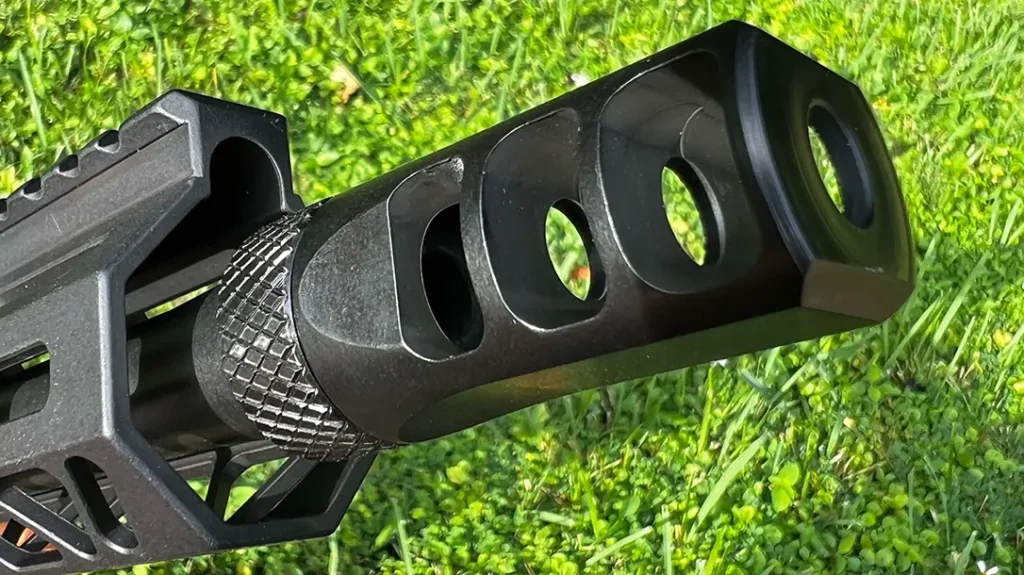 The muzzle device on the Sentinel in 8.6 BLK. 