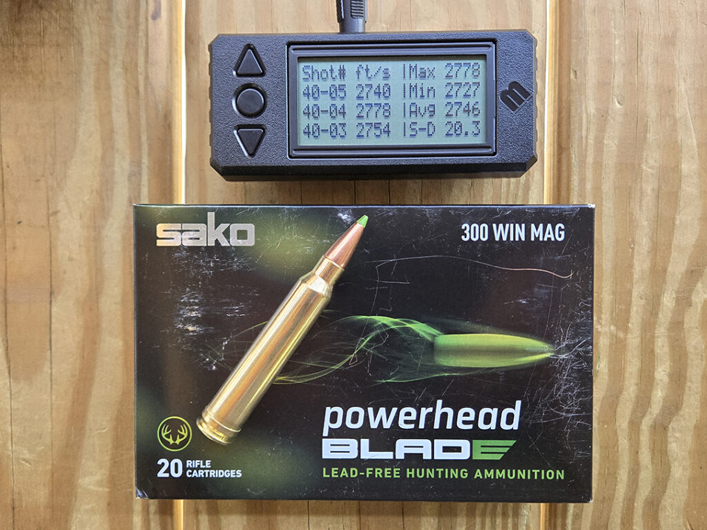 5 shot average, max, and low muzzle velocities along with standard deviation for the 170 gr SAKO PowerBlade ammo in 300 Win Mag.