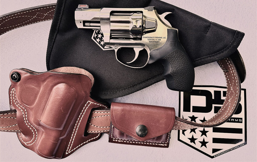 The author carried the Diamondback Arms SDR in a holster/cartridge pouch combo from DeSantis Gunhide.