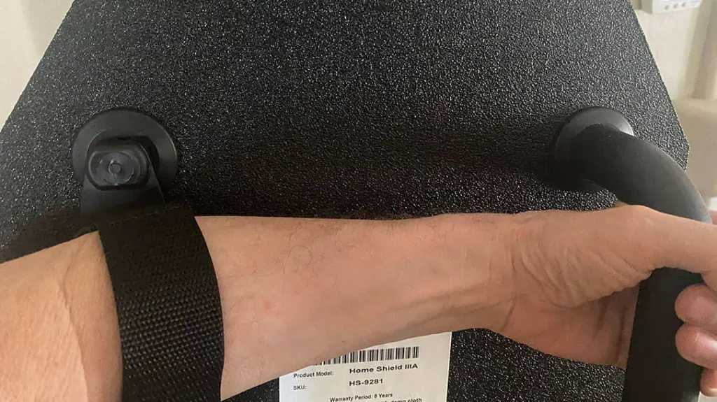 The Premier Body Armor Home Shield features two handles—an adjustable strap for comfort and a duty-rated handle for a secure grip.