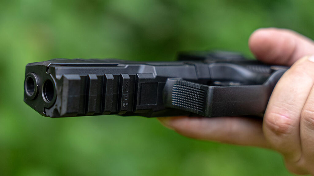 The pistol has a tac rail for mounting lights or lasers to the gun.