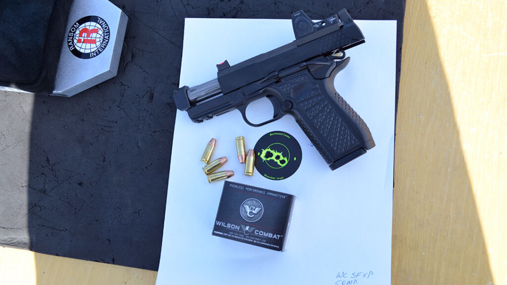 Wilson Combat’s 124-grain XTP Hollow Point +P High-Performance Tactical rounds provided the best accuracy, producing a group of just .68” through the SFX9 Comp.