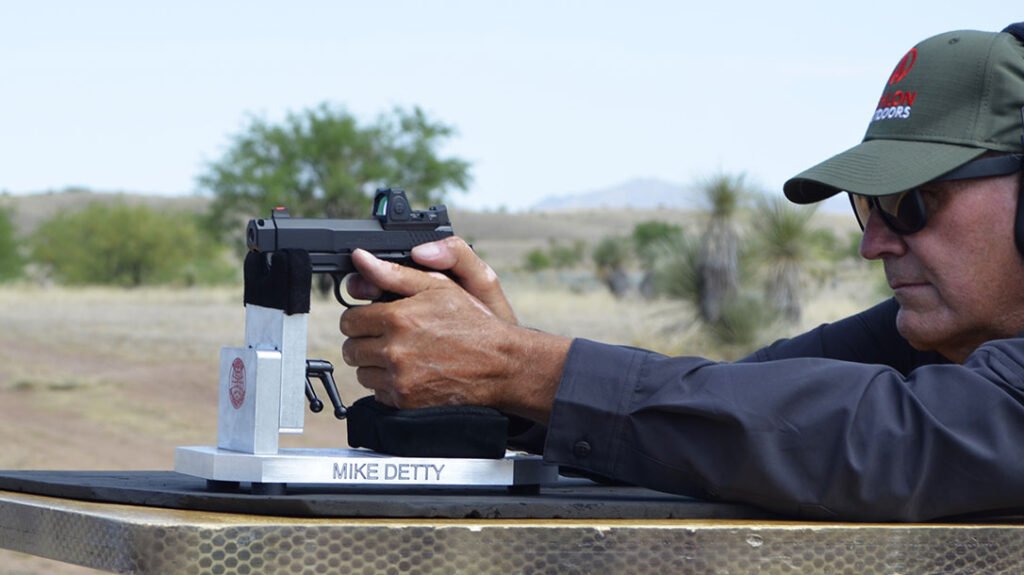 The author rested the gun’s light rail on a Ransom Rest Multi Cal Steady Rest for support.