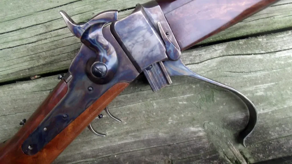 The color case-hardened receiver on the Sharps Gemmer Long-Range rifle. 