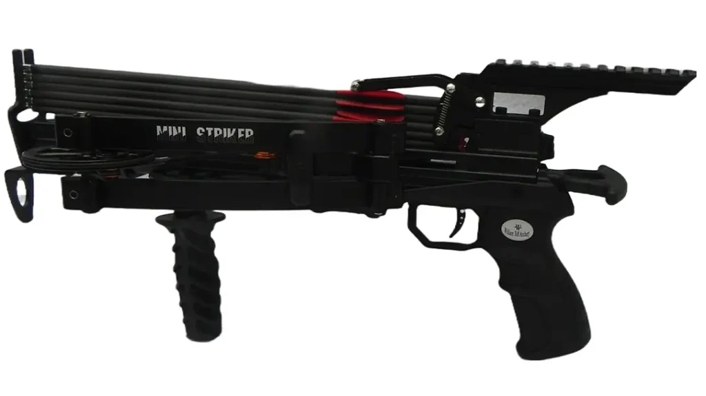 A vertical foregrip provides a sure hold on the crossbow.