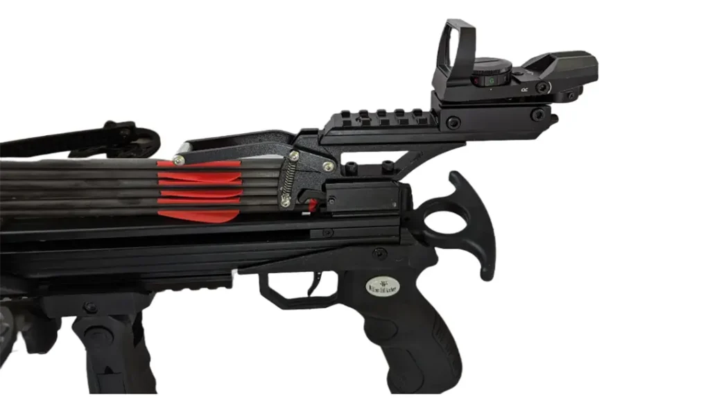 A Picatinny rail provides a slot for an Optic.