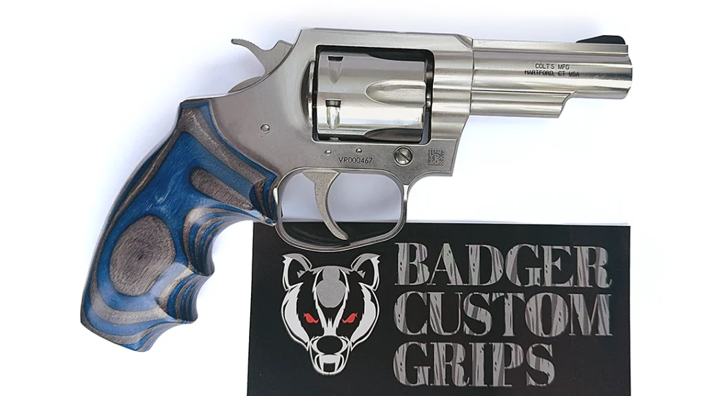 The configuration of the factory walnut stocks on the Colt Viper 357 exposed the rear of the trigger guard which made shooting painful; these Badger Custom Grips solved the problem.