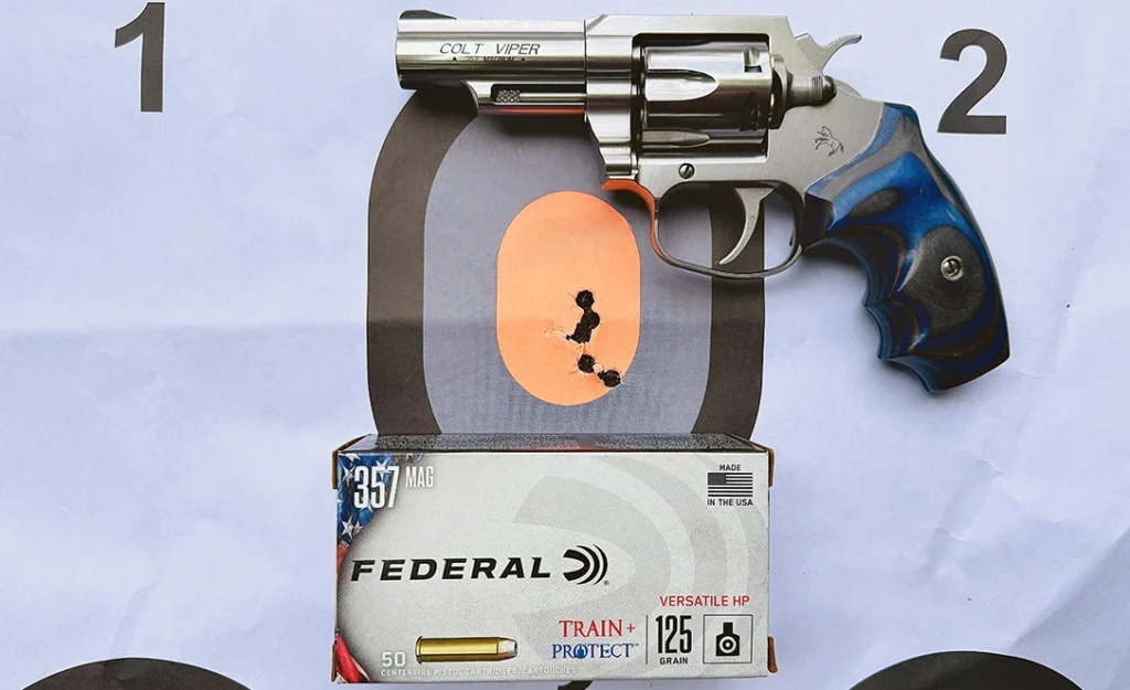 The best 5-shot group with the Colt Viper 357 was made using the Federal Train + Protect .357 Magnum load; it measured 1.17” and the three-group average was 1.66”.