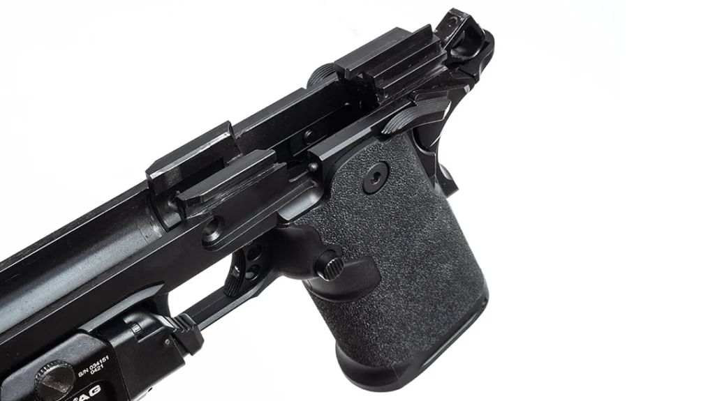 The pistol boasts a steel subframe for the slide to ride on and a polymer grip frame to accommodate double-column magazines.