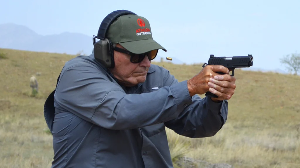 The author shooting the Ed Brown Fueled Prodigy.