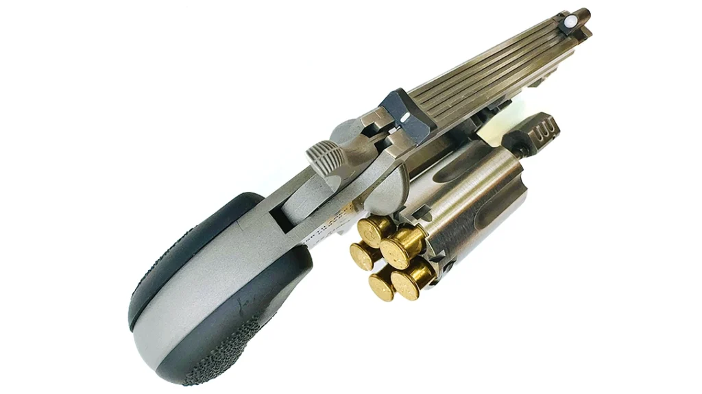 The swing-out cylinder North American Arms Sentinel is at the top; in the middle is the Ranger II with a tip-up, hinged frame, and on the bottom a Pug/Sheriff hybrid with cylinder removed.