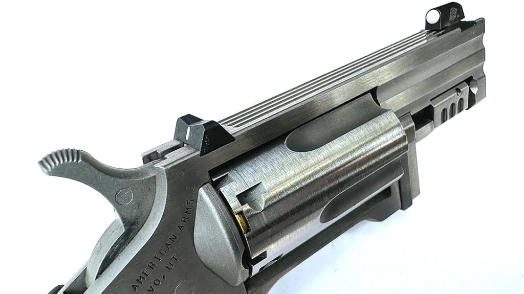 This image shows the XS Express sights, plus the notches cut in the rear of the cylinder that lock the hammer nose between chambers and act as loaded chamber indicators.